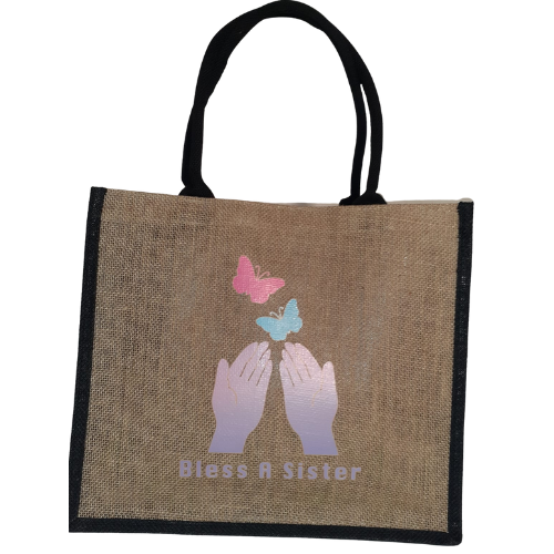 Jute/Burlap Tote Bag with Bless A Sister Logo