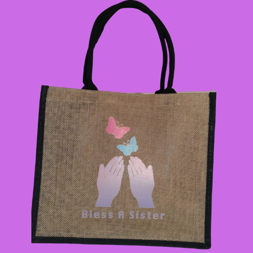 Jute/Burlap Tote Bag with Bless A Sister Logo