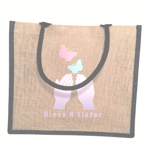 Jute/Burlap Tote Bag with Bless A Sister Logo