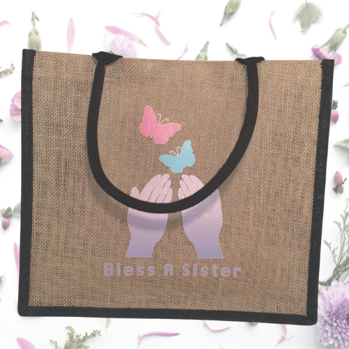 Jute/Burlap Tote Bag with Bless A Sister Logo