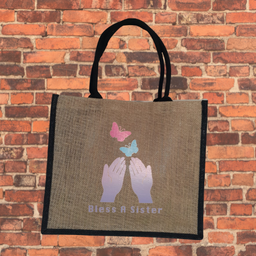 Jute/Burlap Tote Bag with Bless A Sister Logo