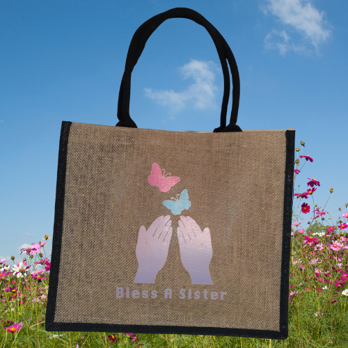 Jute/Burlap Tote Bag with Bless A Sister Logo